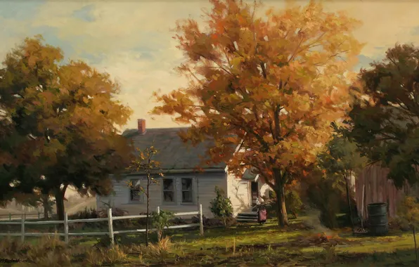 Картинка осень, деревья, дом, женщина, дым, забор, окна, картина