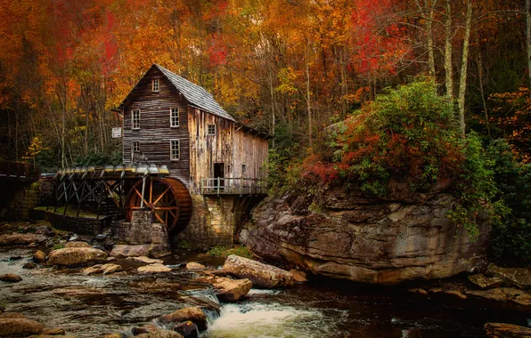 Картинка осень, река, мельница