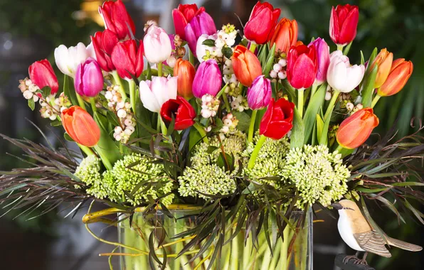 Птица, весна, colorful, тюльпаны, украшение, tulips, bouquet