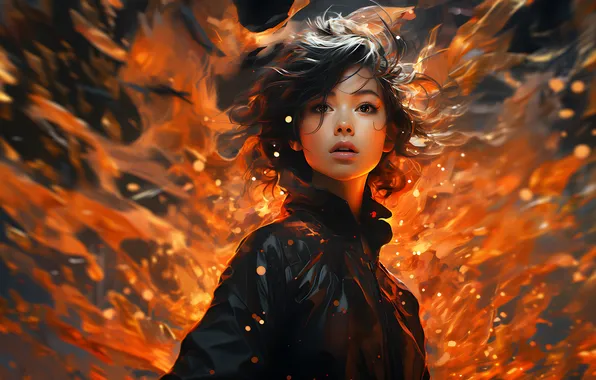 Картинка fire, flame, girl, beautiful, brunette, look, ai art