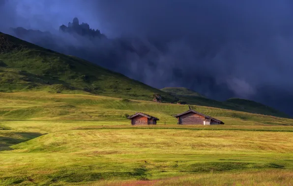 Картинка горы, туман, домик
