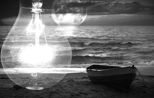 Море, волны, лампочка, закат, лодка, Луна