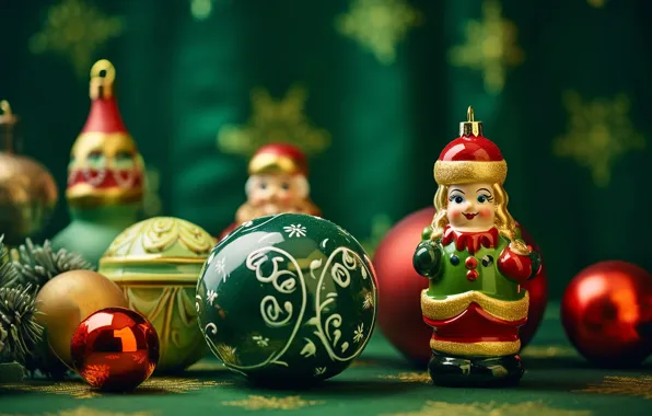 Шарики, игрушки, Рождество, Новый год, фигурки, зеленый фон, ёлочные игрушки, ИИ-арт