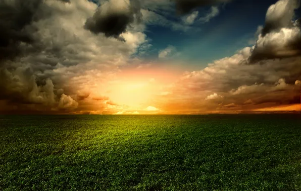 Поле, небо, трава, закат, sky, landscape, nature, sunset