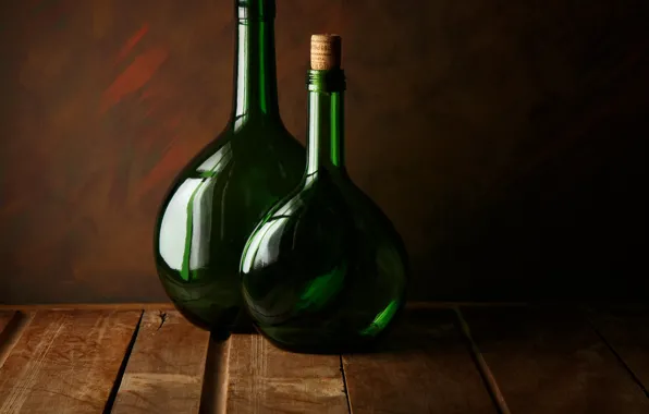 Картинка стекло, две, бутылка, Two green bottles