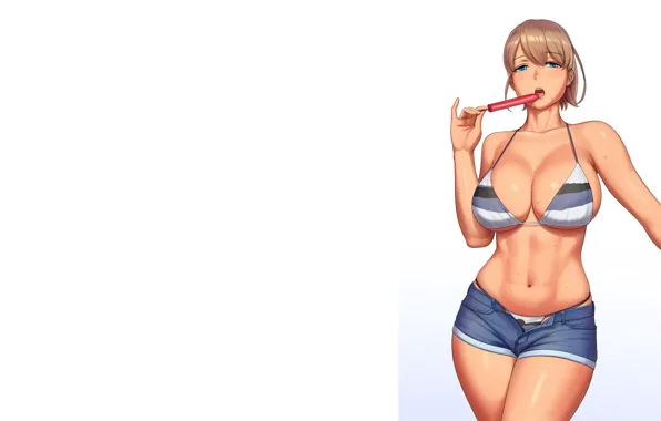 Girl, sexy, cleavage, shorts, brown hair, boobs, anime, blue eyes