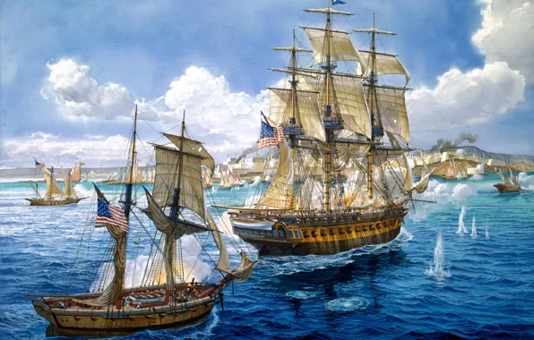Картинка корабли, бой, арт, художник, флот, морской, painting, залпы