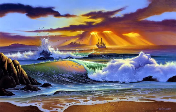 Картинка море, закат, живопись, Jim Warren