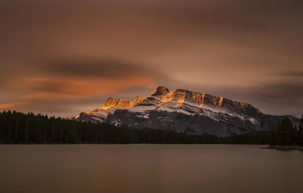 Лес, свет, деревья, горы, ночь, озеро, Национальный парк, Banff