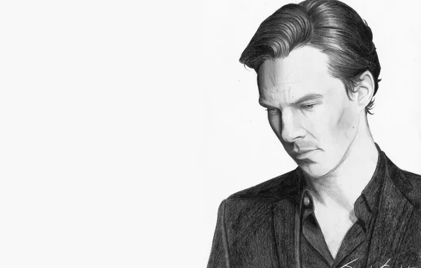 Белый фон, Бенедикт Камбербэтч, Benedict Cumberbatch, рисунок простым карандашом, by white