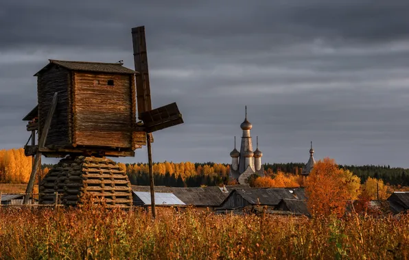 Пейзаж, церковь, деревянное зодчество, Архангельская область
