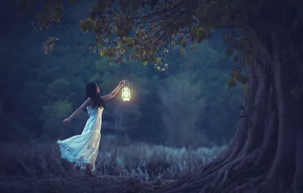 Девушка, дерево, настроение, платье, фонарь, азиатка