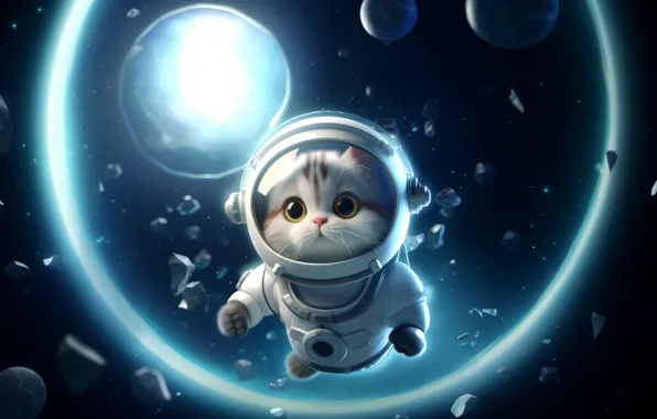 Кошка, кот, взгляд, стекло, обломки, космос, свет, полет