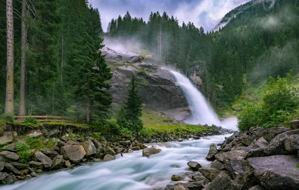 Лес, скала, река, камни, водопад, поток, Австрия, Austria