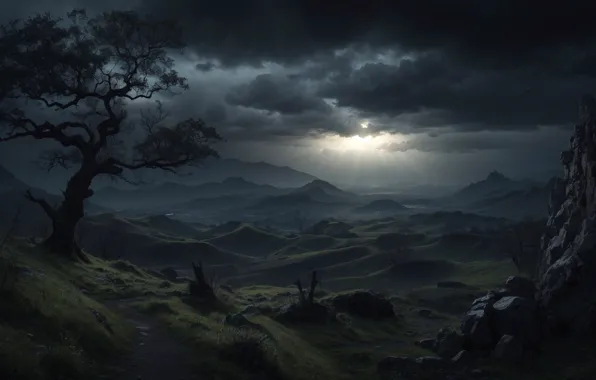 Clouds, Mountains, Scenic, At Night