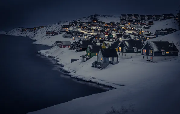 Dark, landscape, night, winter, snow, houses, cold, cityscape