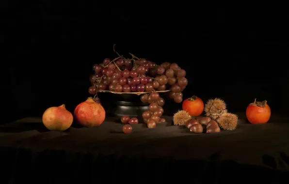 Виноград, натюрморт, гранаты, каштаны, хурма