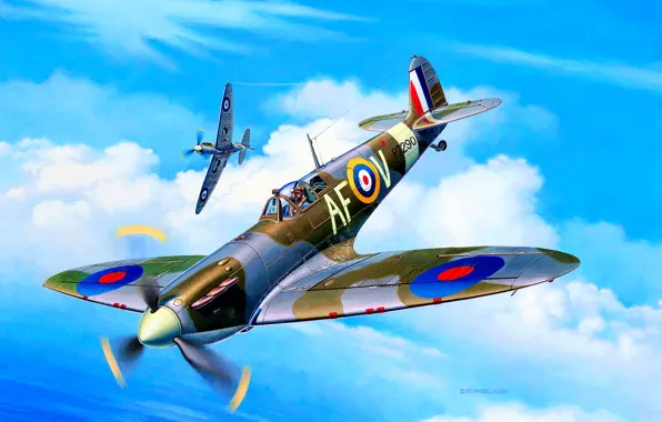Картинка истребитель, Великобритания, Supermarine Spitfire, 8x7.69-мм пулемётов Browning, Spitfire Mk.IIa, Двигатель Rolls-Royce Merlin XII