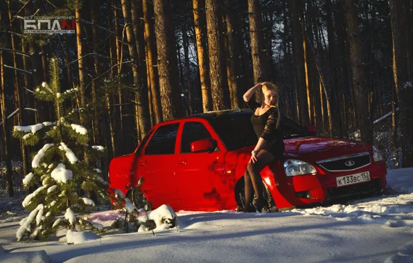 Картинка зима, машина, авто, девушка, снег, красная, auto, LADA
