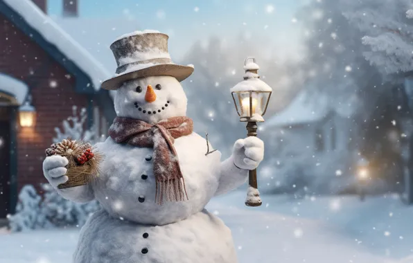 Картинка зима, снег, снежинки, елка, Новый Год, Рождество, снеговик, happy