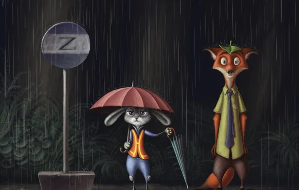 Дождь, знак, зонт, остановка, Nick Wilde, zootopia, Judy Hopps