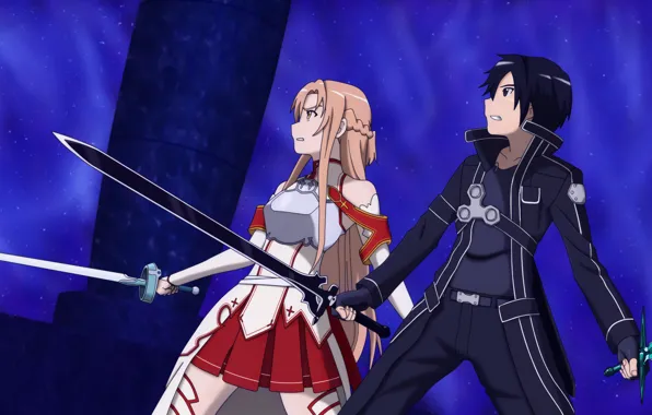 Аниме, арт, Оружие, Двое, Sword Art Online, Асуна, Кирито, Мастера Меча Онлайн
