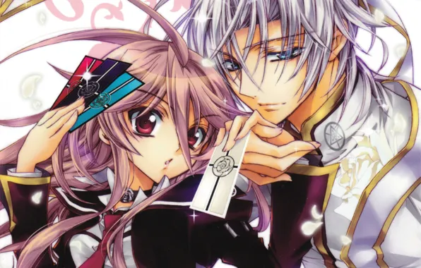 Лепестки, двое, белые волосы, карточки, anise yumamoto, kiss of rose princess, mitsuru tenjoh, by aya …