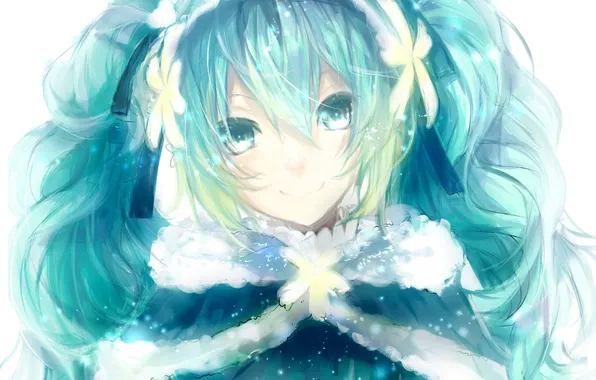 Картинка девушка, снежинки, улыбка, аниме, арт, vocaloid, yuki miku, sayuki