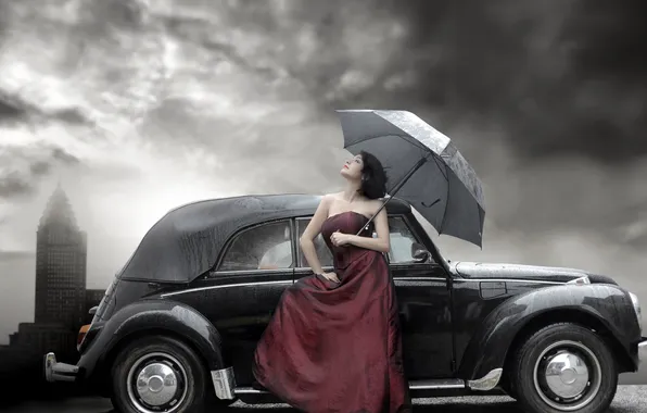 Картинка авто, девушка, ретро, дождь, зонт, платье