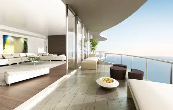 Дизайн, стиль, комната, диван, океан, белое, вид, высота