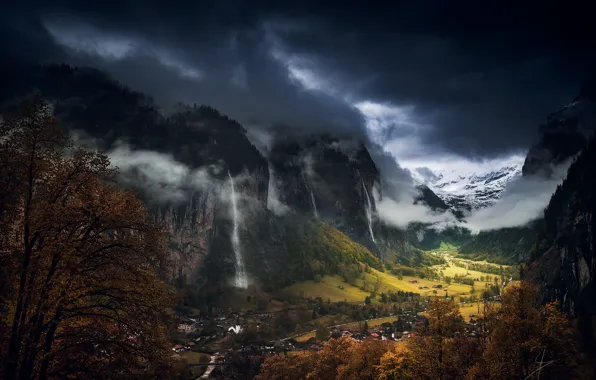 Картинка осень, небо, облака, горы, тучи, Швейцария, долина, Лаутербруннен
