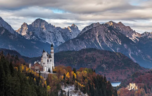 Картинка осень, пейзаж, горы, природа, замок, скалы, Германия, Бавария
