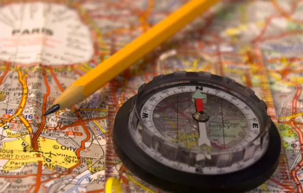 Картинка карта, размытость, карандаш, путешествие, компас, Франции, боке.