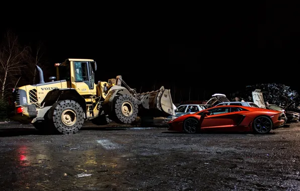 Картинка ночь, оранжевый, тень, профиль, lamborghini, бульдозер, orange, вольво, aventador, lp700-4, ламборгини, авентадор
