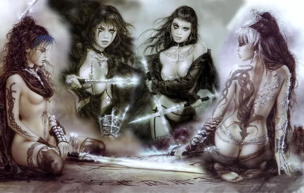 Девушки, коллаж, тату, мечи, Luis Royo, кинжалы