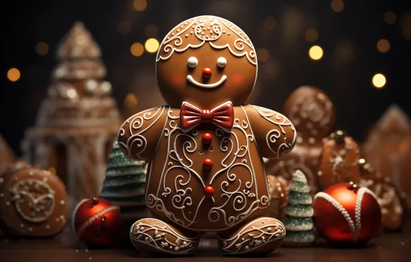 Шарики, огни, поза, улыбка, темный фон, узор, печенье, Рождество
