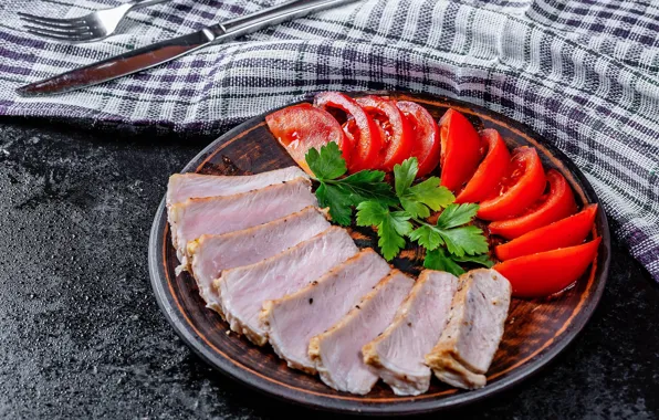 Мясо, помидоры, нарезка, закуска