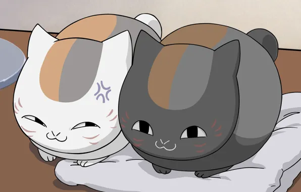 Картинка кошки, аниме, чёрная, белая, серая, кавай, двое, сидят