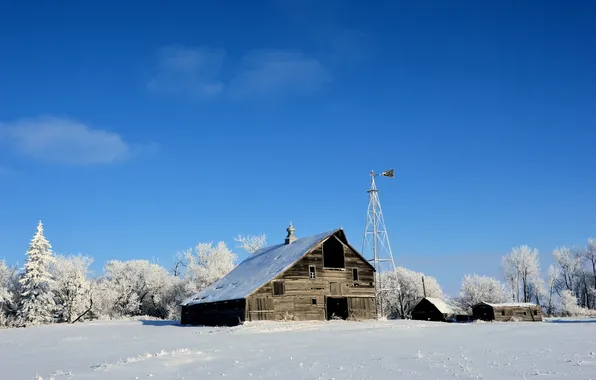 Картинка зима, поле, дом, ветряк