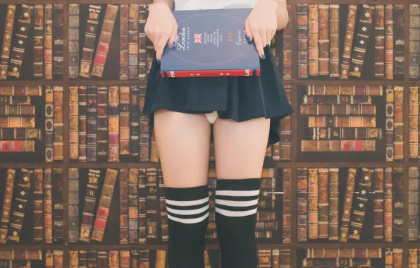 Девушка, фон, трусики, юбка, носки, ножки, книжка