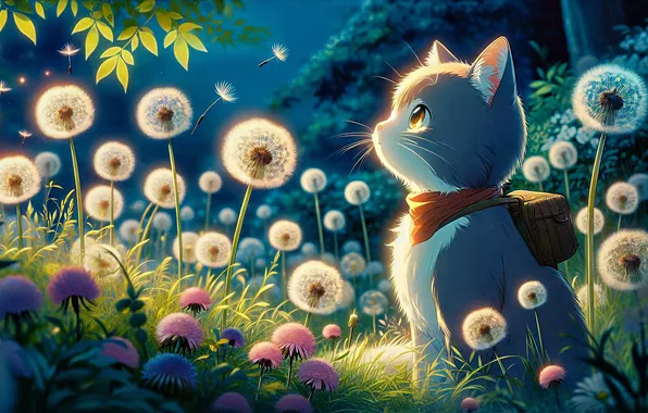 Кошка, взгляд, листья, свет, цветы, поза, котенок, серый