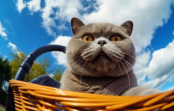Кошка, небо, кот, взгляд, облака, природа, поза, синева