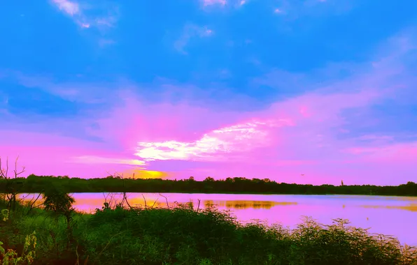 Sky, Sun, Water, Sunrise, Dawn, Morning, Lake, Trees