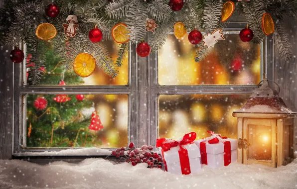Картинка зима, снег, украшения, Новый Год, окно, Рождество, подарки, Christmas
