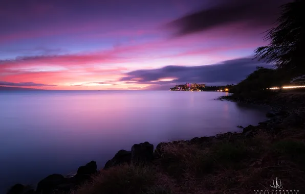 Картинка закат, город, океан, Гавайи, photographer, остров Мауи, Kenji Yamamura