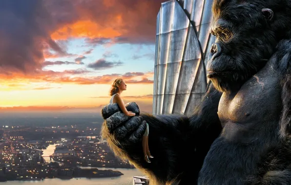 Картинка взгляд, закат, город, кино, фильм, высота, блондинка, горилла
