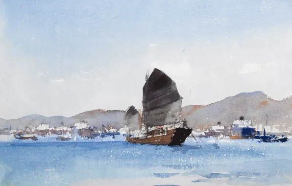 Картина, акварель, морской пейзаж, Эдуард Сиго, Джонка. Гонконг