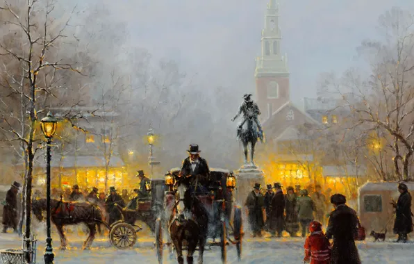 Картинка зима, снег, город, люди, картина, памятник, карета, Бостон