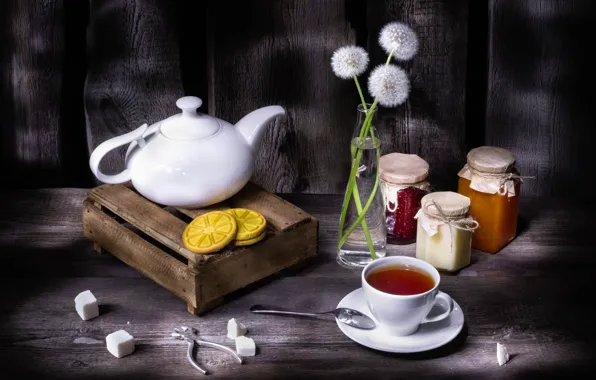 Цветы, чай, бутылка, чайник, печенье, ложка, чаепитие, чашка