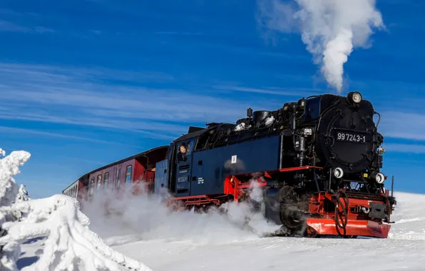 Зима, снег, поезд, паровоз, Германия